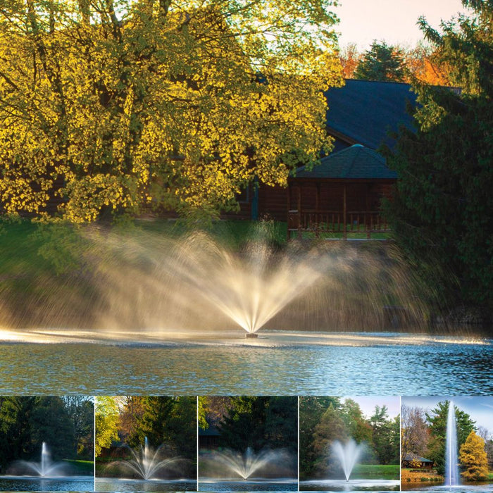 Scott-Aerator-Great-Lakes-Pond-Fountain-showing-Baystone-Rosewood-Cambridge-Tudor-Millbrook-and-Gusher-Spray-Patterns-on-Water-Display