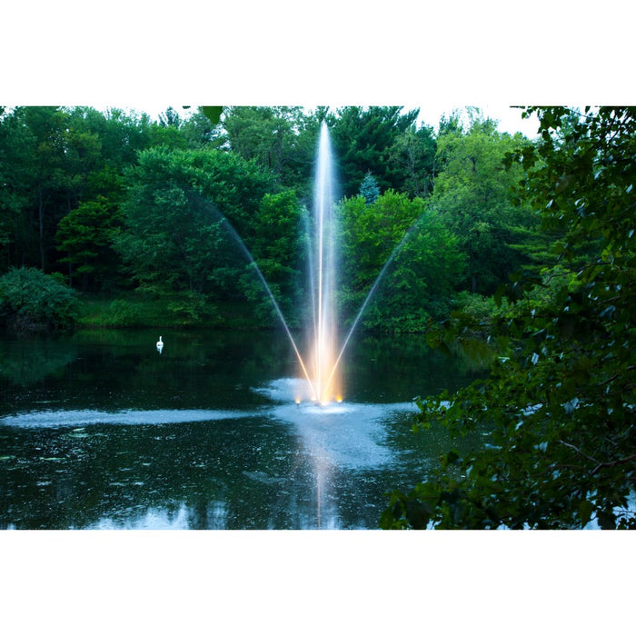 Scott-Aerator-Clover-Fountain-with-LED-night-Glo-lights-in-pond-with-trees-in-background
