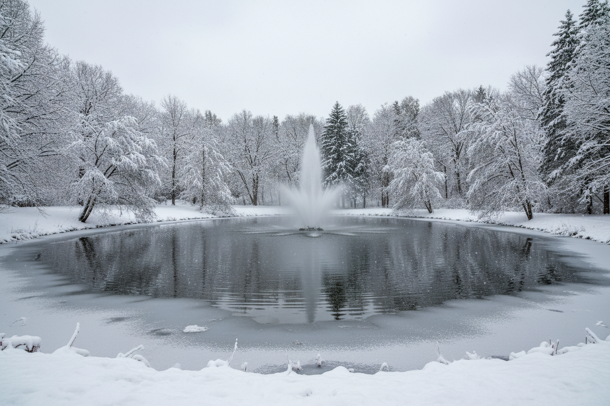 Pond fountain in water surrounding by trees covered in snow in winter